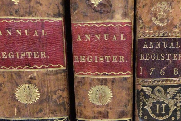 Detail of spines of Annual Registers. Leather bound with gold embossing.