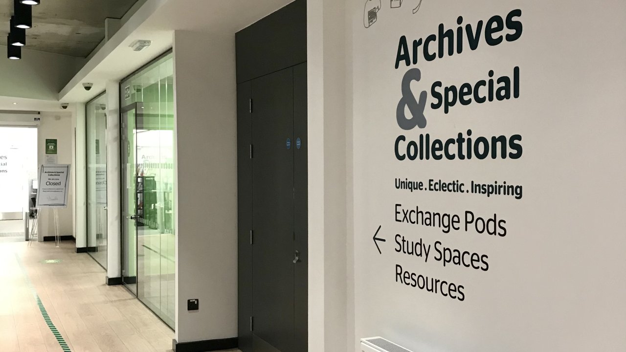 Lower floor entrance corridor to Archives & Special Collections