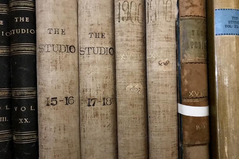 Spines of titles in the Historic Journal Collection on the Falmouth Campus