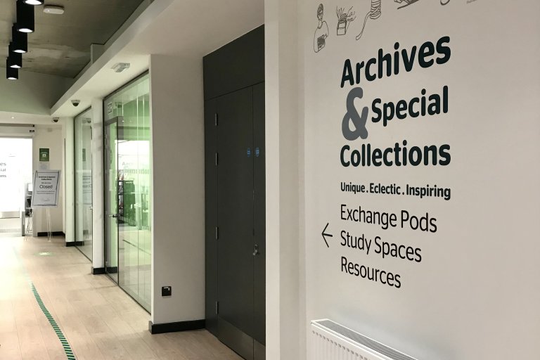 Lower floor entrance corridor to Archives & Special Collections