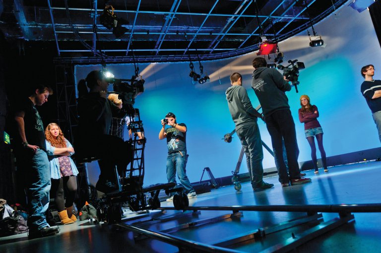 television studio with cameras and video equipment