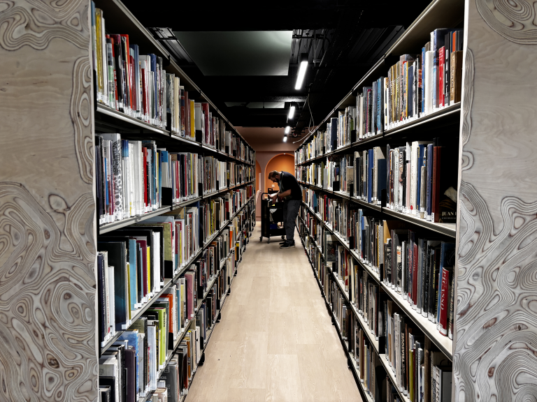 library shelving with staff shelving books