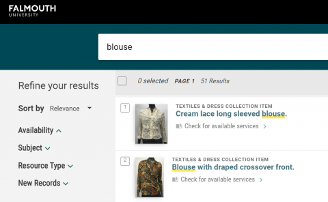 Screenshot of the Textile and Dress Collection catalogue
