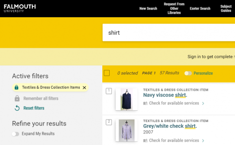 Example view of the Textile and dress filter in Library Search